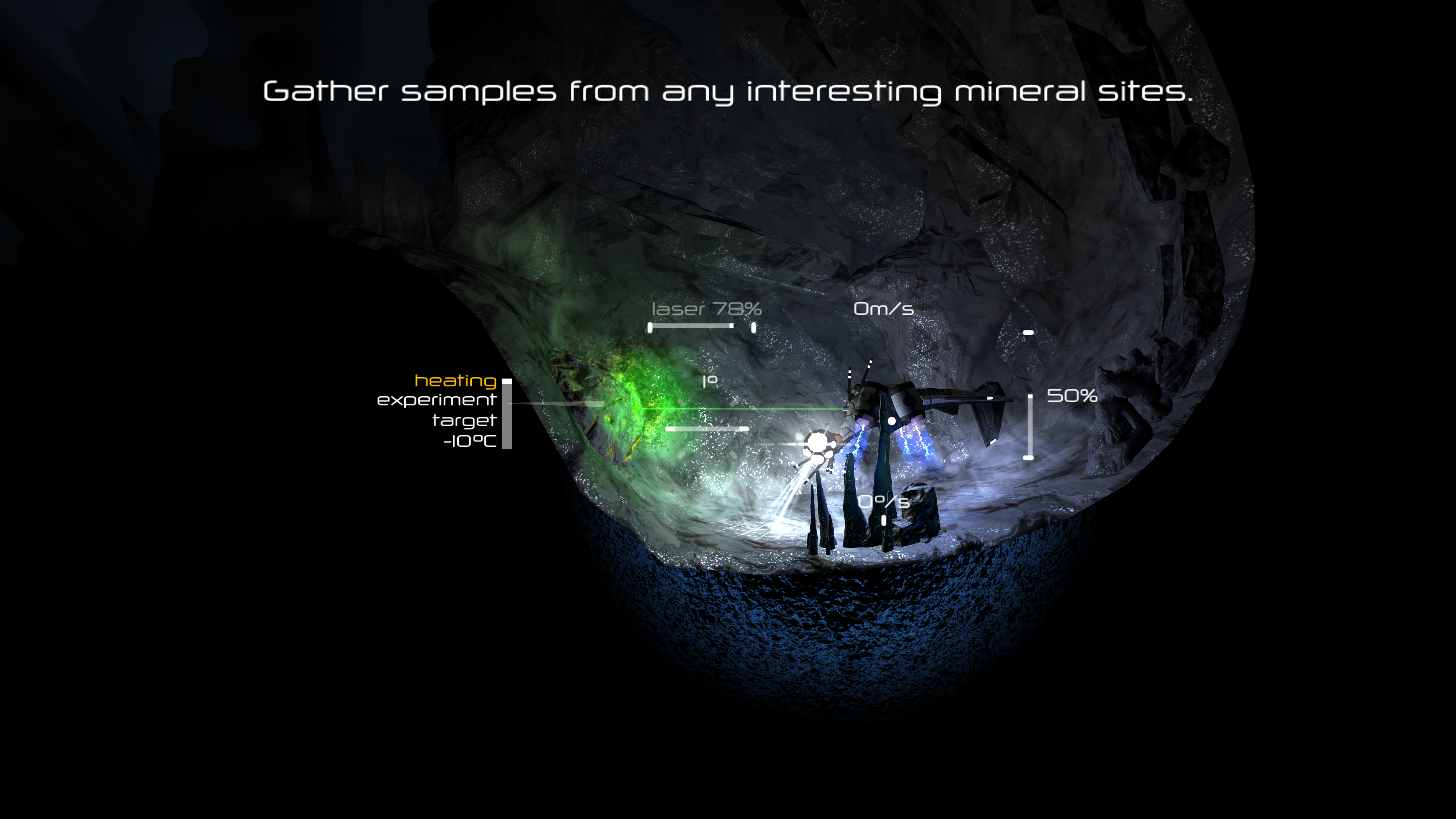 The robot using a laser inside an icy cave